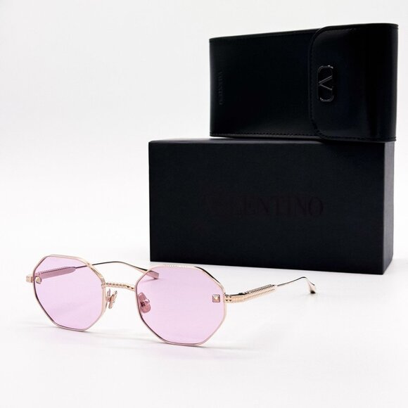 NEW VALENTINO V-STUD VLX-122A SUNGLASSES GEOMETRIC WOMEN GOLD/PINK EYEWEAR - Picture 1 of 10